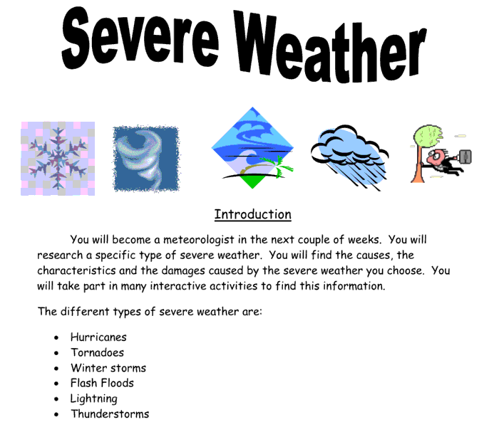 A picture of animated pictures of different types of severe weather.